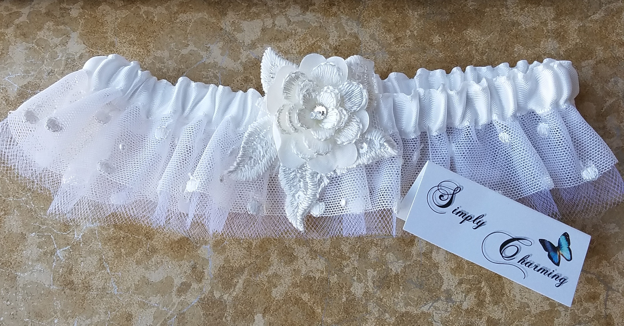 Swiss Dot Tulle Garter w/ Pearls